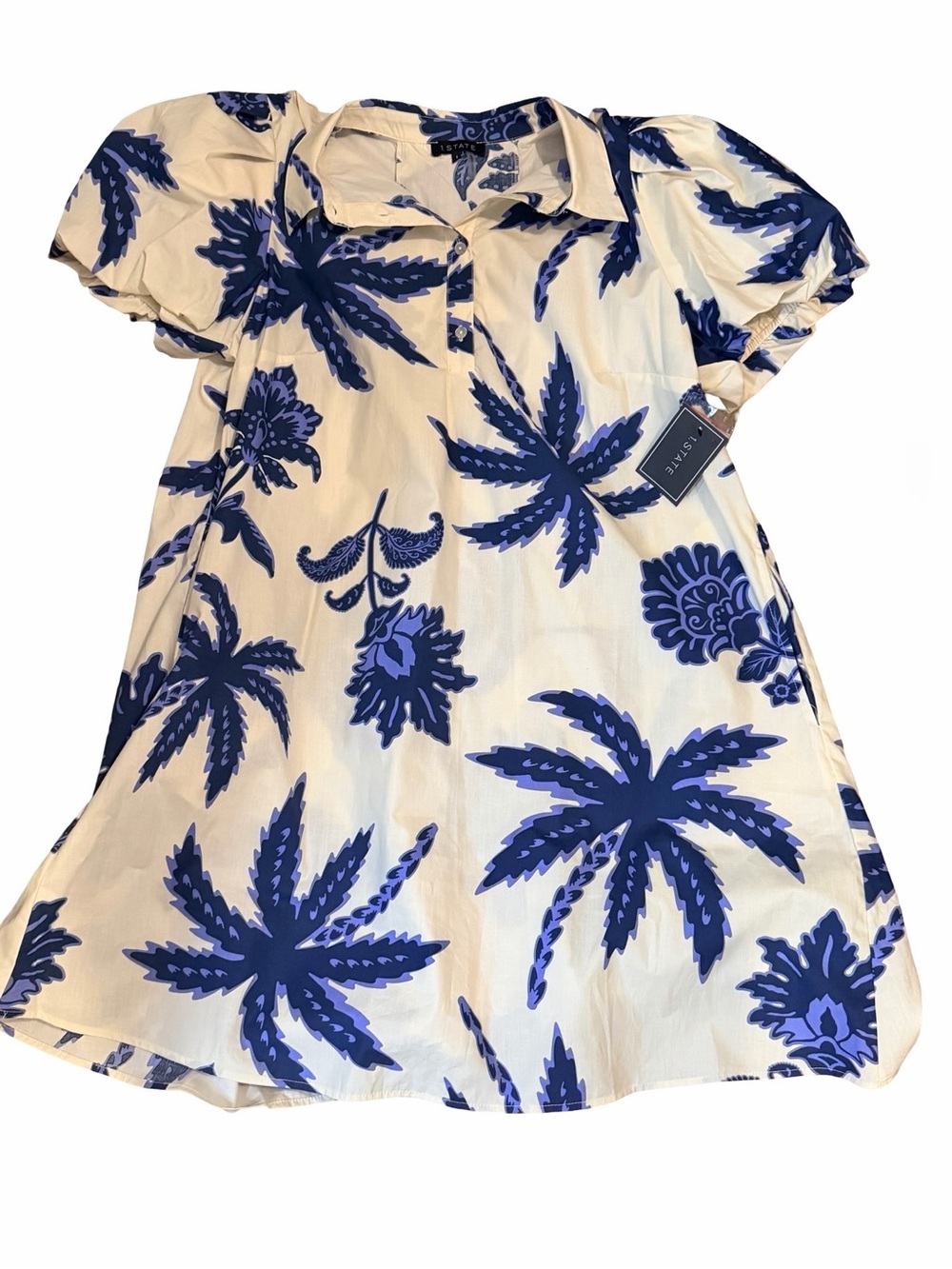 1State Cream & Blue Palm Print Short Sleeve Dress LG